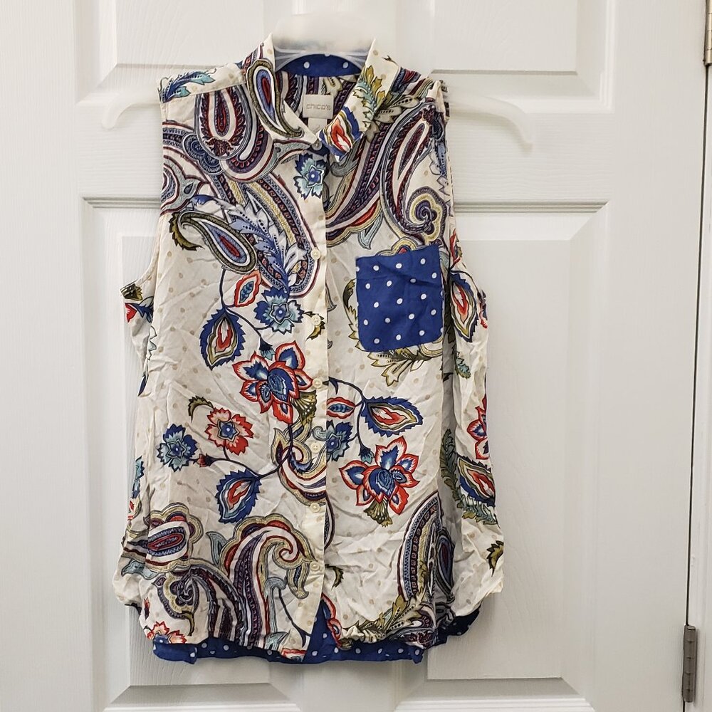 Chico's, sleeveless, mix media, paisley polka dot, button down blouse top, SZL 2